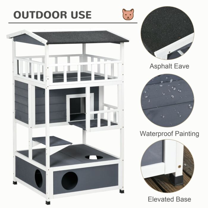 Pawhut Cats Fir Wood 3-tier Waterproof Play House Grey