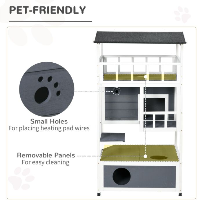 Pawhut Cats Fir Wood 3-tier Waterproof Play House Grey