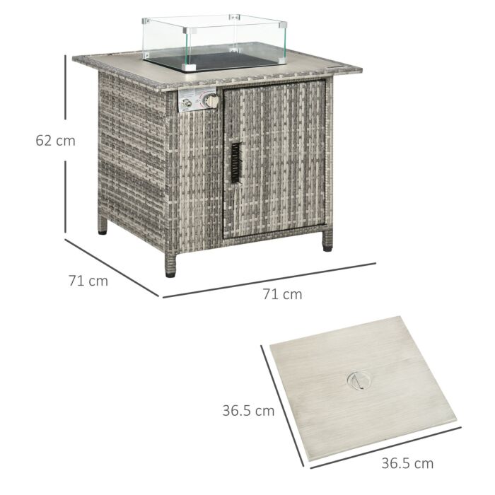 Outsunny Outdoor Pe Rattan Gas Fire Pit Table, Patio Square Propane Heater With Rain Cover, Glass Windscreen, And Lava Stone, 50,000 Btu, Grey