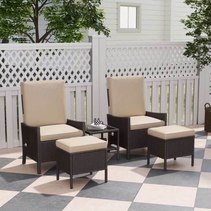 Outsunny 5 Piece Rattan Garden Furniture Set, Wicker Outdoor Furniture With 2 Armchairs, 2 Footstools And Glass Top Coffee Table With Shelf, Cushions For Patio Balcony, Khaki