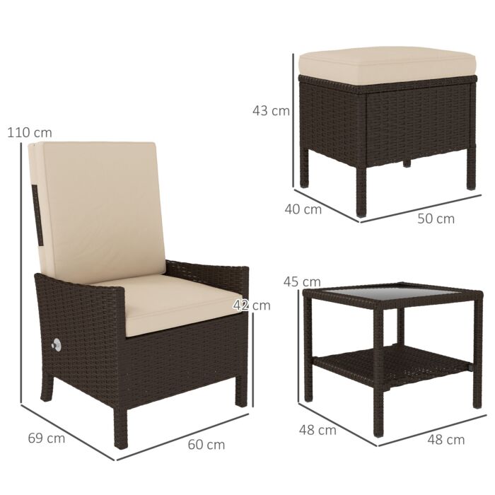Outsunny 5 Piece Rattan Garden Furniture Set, Wicker Outdoor Furniture With 2 Armchairs, 2 Footstools And Glass Top Coffee Table With Shelf, Cushions For Patio Balcony, Khaki