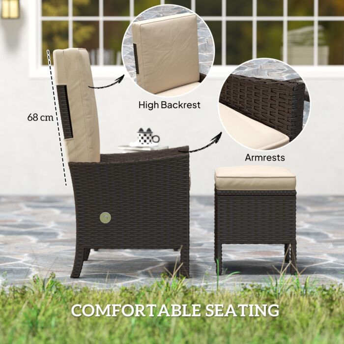 Outsunny 5 Piece Rattan Garden Furniture Set, Wicker Outdoor Furniture With 2 Armchairs, 2 Footstools And Glass Top Coffee Table With Shelf, Cushions For Patio Balcony, Khaki