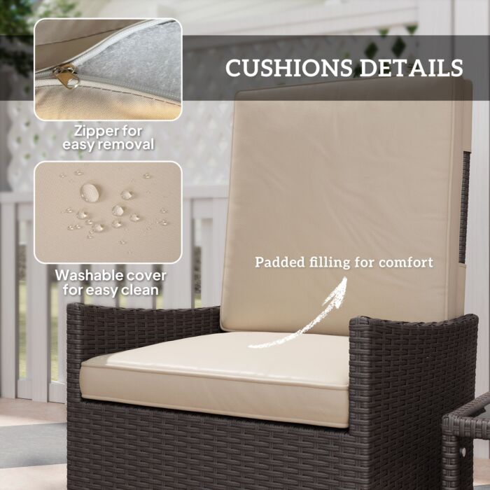 Outsunny 5 Piece Rattan Garden Furniture Set, Wicker Outdoor Furniture With 2 Armchairs, 2 Footstools And Glass Top Coffee Table With Shelf, Cushions For Patio Balcony, Khaki