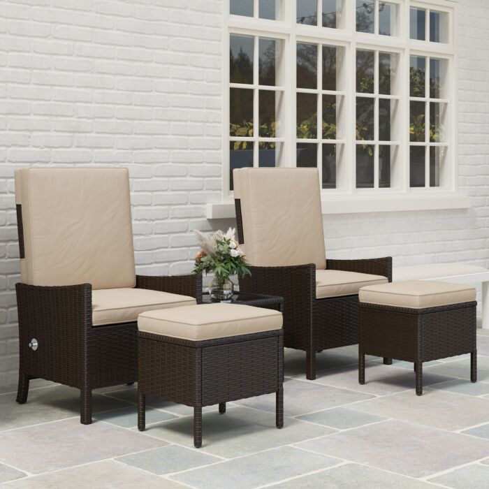 Outsunny 5 Piece Rattan Garden Furniture Set, Wicker Outdoor Furniture With 2 Armchairs, 2 Footstools And Glass Top Coffee Table With Shelf, Cushions For Patio Balcony, Khaki
