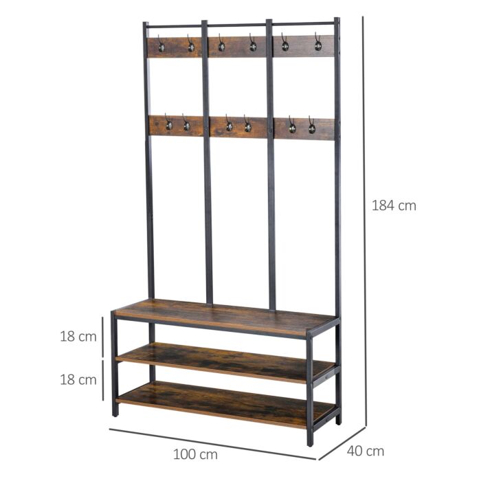 Homcom Coat Rack Stand, Free Standing Hall Tree, Coat Stand With Hooks, Bench And Shoe Rack, 100cm X 40cm X 184cm, Rustic Brown And Black