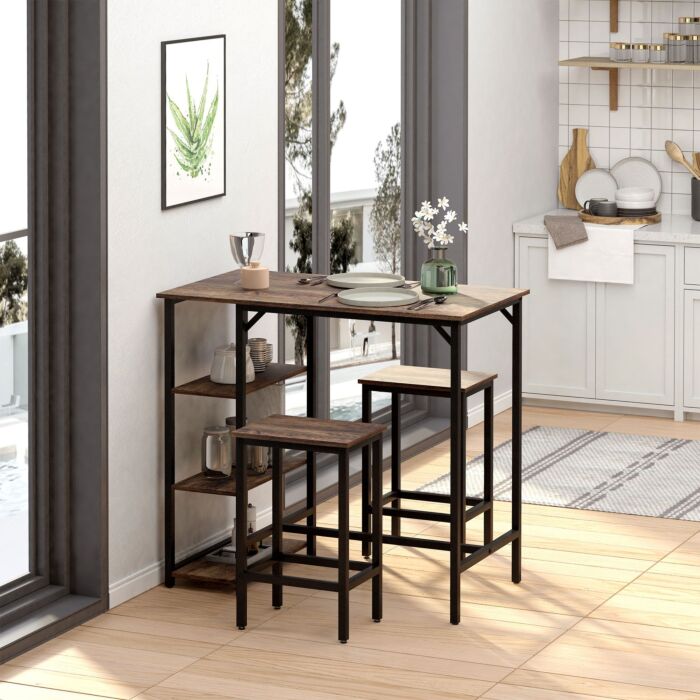 Homcom Dining Table Set Industrial Bar Height With 2 Stools & Side Shelf, 3 Pieces Coffee Table