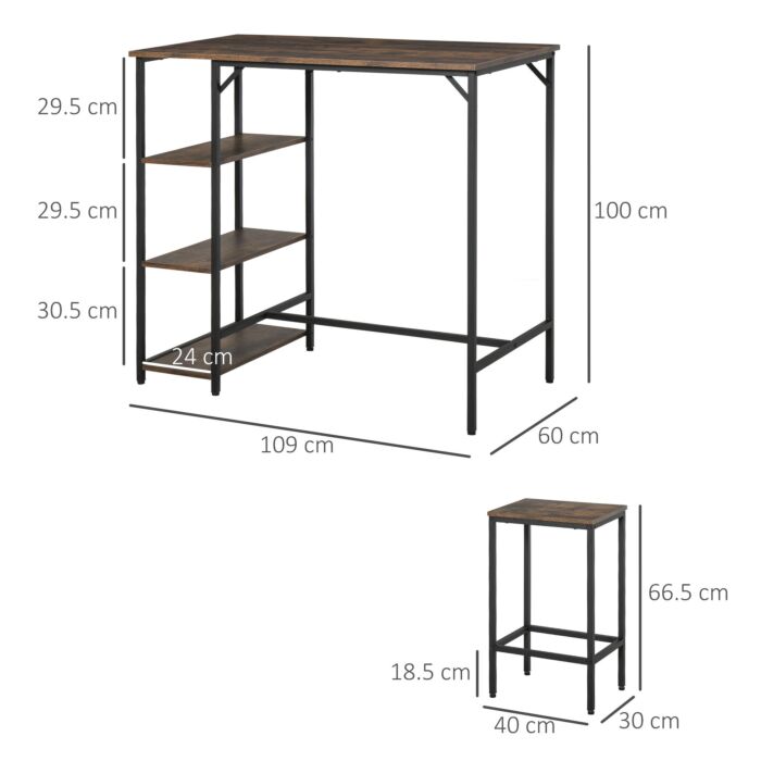 Homcom Dining Table Set Industrial Bar Height With 2 Stools & Side Shelf, 3 Pieces Coffee Table