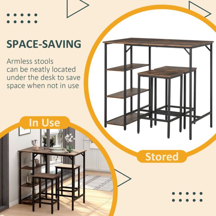 Homcom Dining Table Set Industrial Bar Height With 2 Stools & Side Shelf, 3 Pieces Coffee Table
