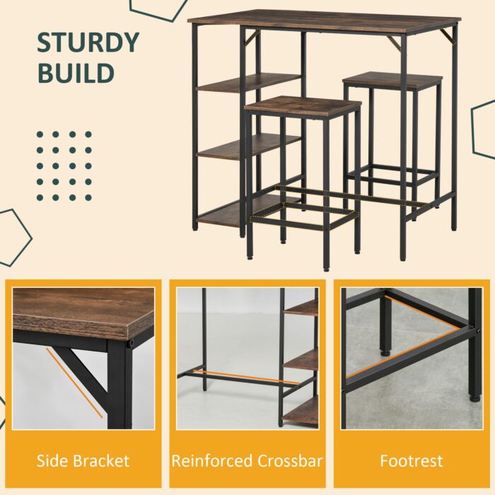 Homcom Dining Table Set Industrial Bar Height With 2 Stools & Side Shelf, 3 Pieces Coffee Table
