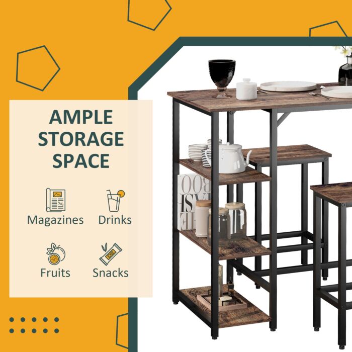 Homcom Dining Table Set Industrial Bar Height With 2 Stools & Side Shelf, 3 Pieces Coffee Table