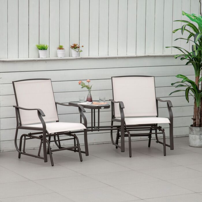 Outsunny Garden Double Glider Rocking Chairs Gliding Love Seat With Middle Table Conversation Set Patio Backyard Relax Outdoor Furniture Beige