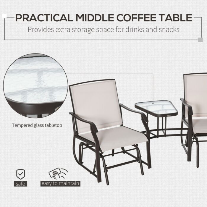 Outsunny Garden Double Glider Rocking Chairs Gliding Love Seat With Middle Table Conversation Set Patio Backyard Relax Outdoor Furniture Beige