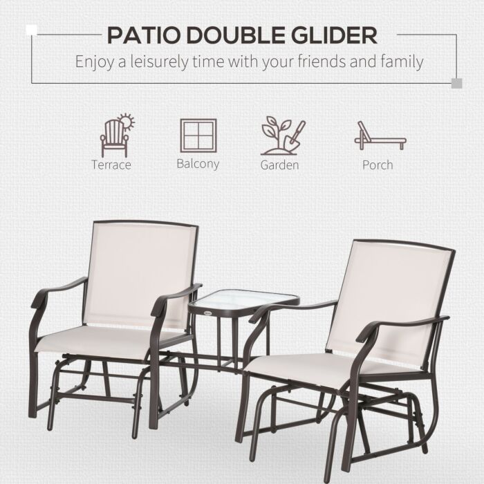 Outsunny Garden Double Glider Rocking Chairs Gliding Love Seat With Middle Table Conversation Set Patio Backyard Relax Outdoor Furniture Beige