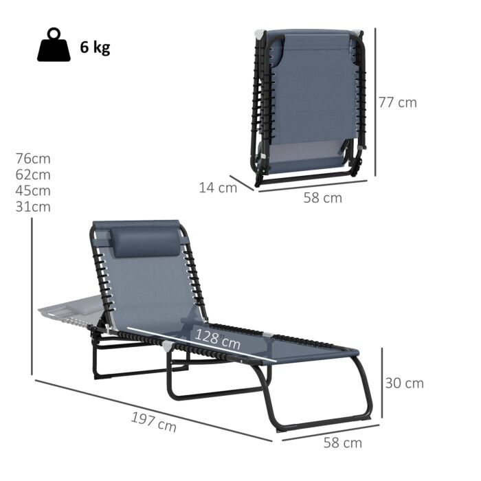 Outsunny Folding Sun Lounger Beach Chaise Chair Garden Reclining Cot Camping Hiking Recliner With 4 Position Adjustable Back - Grey