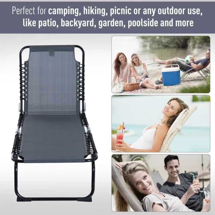 Outsunny Folding Sun Lounger Beach Chaise Chair Garden Reclining Cot Camping Hiking Recliner With 4 Position Adjustable Back - Grey