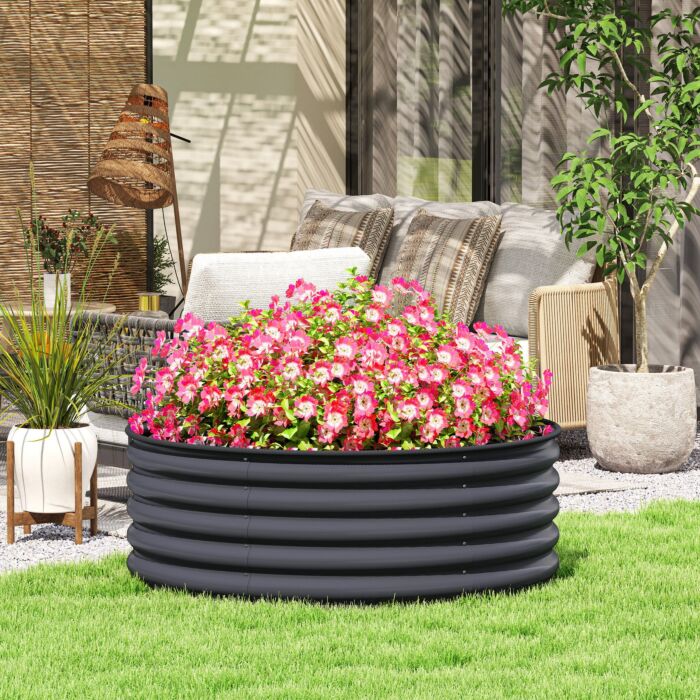Outsunny Galvanised Raised Garden Bed With Safety Edging, Outdoor Raised Planter Box With Gloves, 120 X 120 X 43cm, Dark Grey