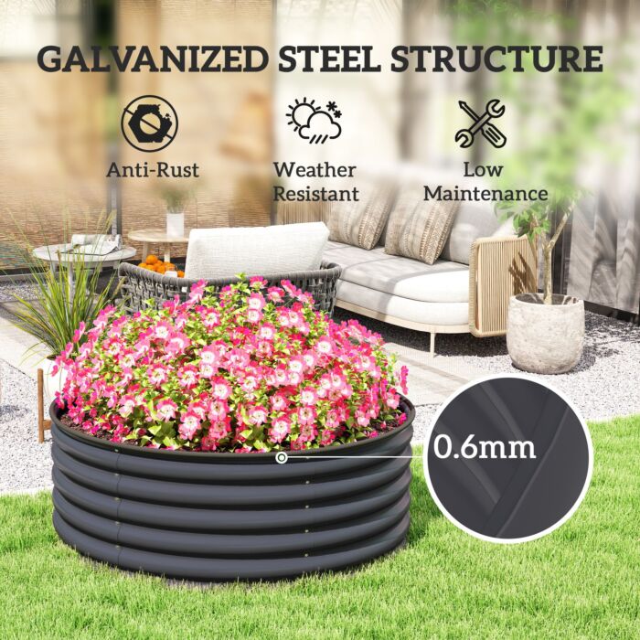 Outsunny Galvanised Raised Garden Bed With Safety Edging, Outdoor Raised Planter Box With Gloves, 120 X 120 X 43cm, Dark Grey