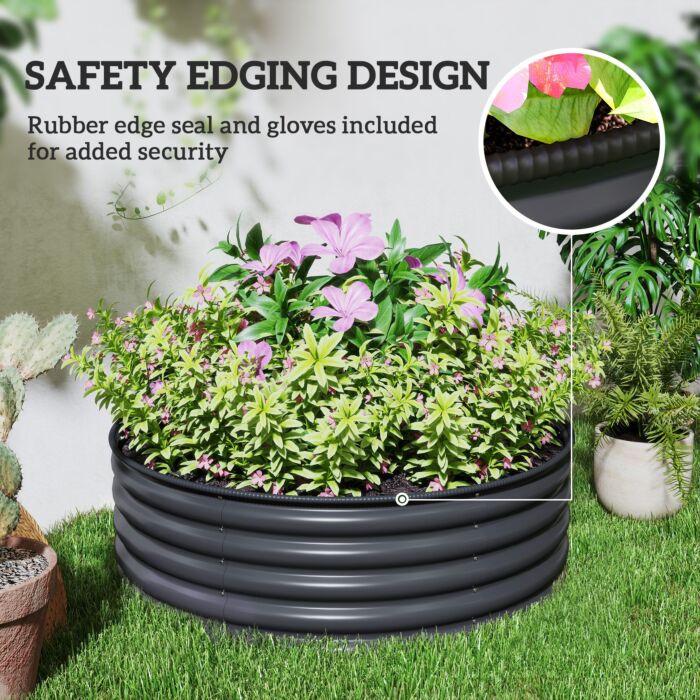 Outsunny Galvanised Raised Garden Bed With Safety Edging, Outdoor Raised Planter Box With Gloves, 120 X 120 X 43cm, Dark Grey