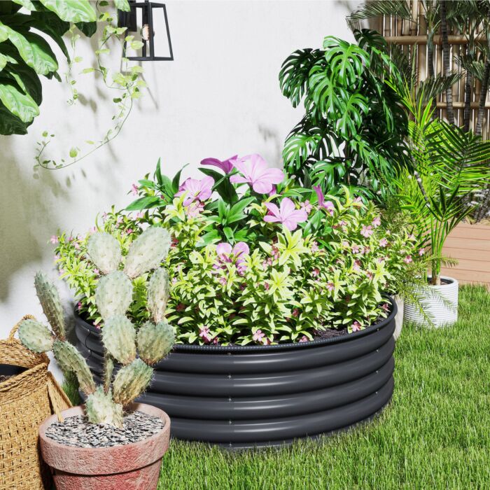 Outsunny Galvanised Raised Garden Bed With Safety Edging, Outdoor Raised Planter Box With Gloves, 120 X 120 X 43cm, Dark Grey