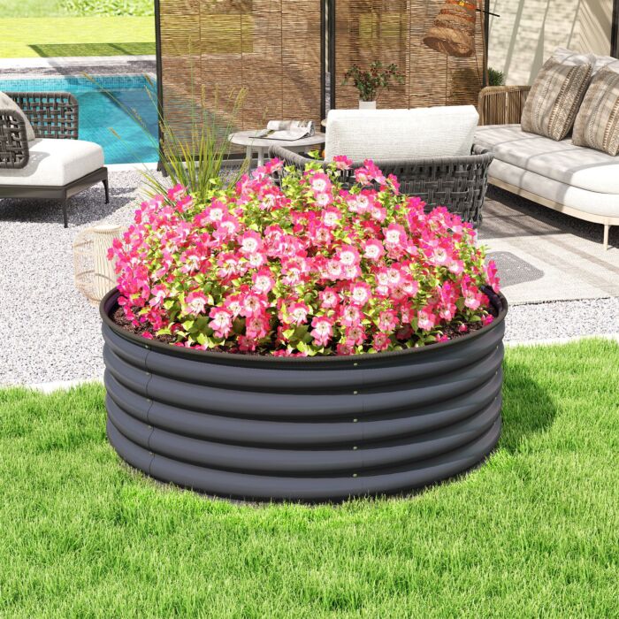 Outsunny Galvanised Raised Garden Bed With Safety Edging, Outdoor Raised Planter Box With Gloves, 120 X 120 X 43cm, Dark Grey