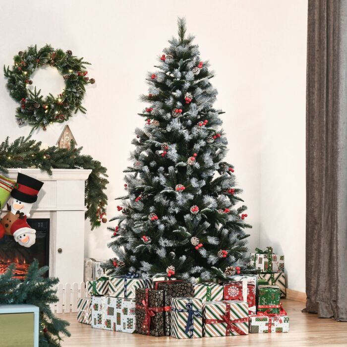 Homcom 6ft Artificial Snow Dipped Christmas Tree Xmas Pencil Tree Holiday Home Party Decoration With Foldable Feet Red Berries White Pinecones, Green