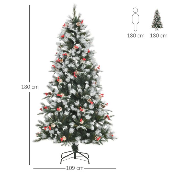 Homcom 6ft Artificial Snow Dipped Christmas Tree Xmas Pencil Tree Holiday Home Party Decoration With Foldable Feet Red Berries White Pinecones, Green