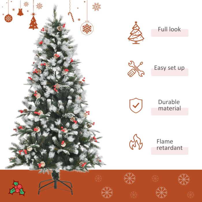 Homcom 6ft Artificial Snow Dipped Christmas Tree Xmas Pencil Tree Holiday Home Party Decoration With Foldable Feet Red Berries White Pinecones, Green