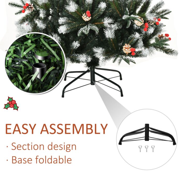 Homcom 6ft Artificial Snow Dipped Christmas Tree Xmas Pencil Tree Holiday Home Party Decoration With Foldable Feet Red Berries White Pinecones, Green