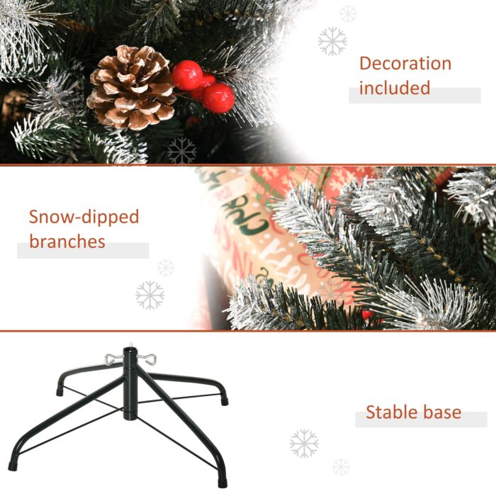 Homcom 6ft Artificial Snow Dipped Christmas Tree Xmas Pencil Tree Holiday Home Party Decoration With Foldable Feet Red Berries White Pinecones, Green