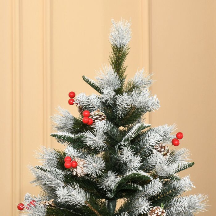 Homcom 6ft Artificial Snow Dipped Christmas Tree Xmas Pencil Tree Holiday Home Party Decoration With Foldable Feet Red Berries White Pinecones, Green