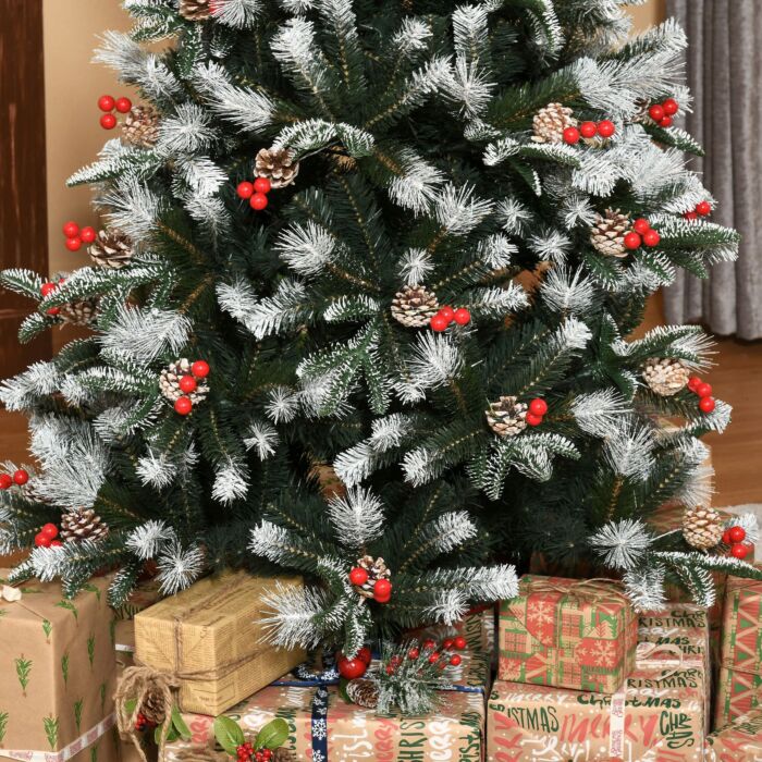 Homcom 6ft Artificial Snow Dipped Christmas Tree Xmas Pencil Tree Holiday Home Party Decoration With Foldable Feet Red Berries White Pinecones, Green