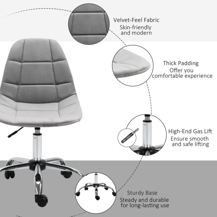 Vinsetto Ergonomic Office Chair With Adjustable Height And Wheels Velvet Executive Chair Armless For Home Study Bedroom Grey