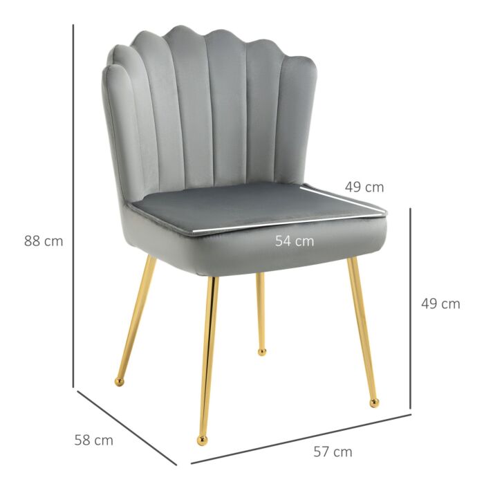 Homcom Velvet-feel Shell Luxe Accent Chair, Glam Vanity Chair Makeup Seat, Home Bedroom Lounge With Metal Legs Comfort Padding, Grey