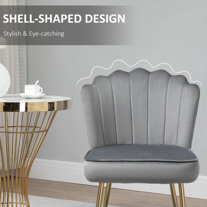 Homcom Velvet-feel Shell Luxe Accent Chair, Glam Vanity Chair Makeup Seat, Home Bedroom Lounge With Metal Legs Comfort Padding, Grey