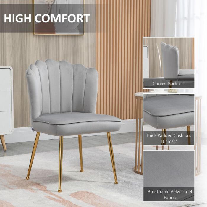 Homcom Velvet-feel Shell Luxe Accent Chair, Glam Vanity Chair Makeup Seat, Home Bedroom Lounge With Metal Legs Comfort Padding, Grey