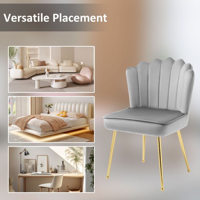 Homcom Velvet-feel Shell Luxe Accent Chair, Glam Vanity Chair Makeup Seat, Home Bedroom Lounge With Metal Legs Comfort Padding, Grey