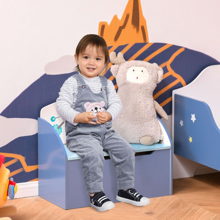 Homcom Kids Wooden Toy Storage Chest Chair 2 In 1 Design With Gas Stay Bar Safety Hinges Lid 60 X 30 X 50cm Blue
