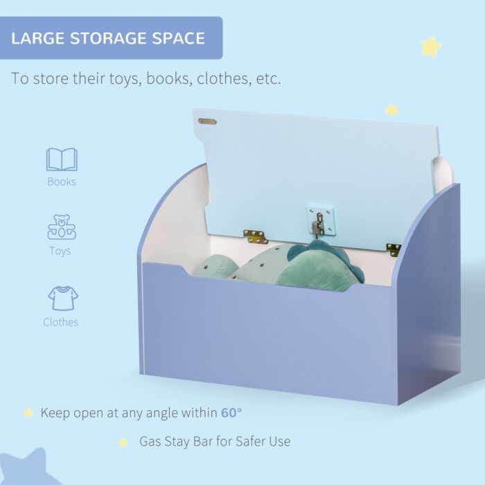Homcom Kids Wooden Toy Storage Chest Chair 2 In 1 Design With Gas Stay Bar Safety Hinges Lid 60 X 30 X 50cm Blue