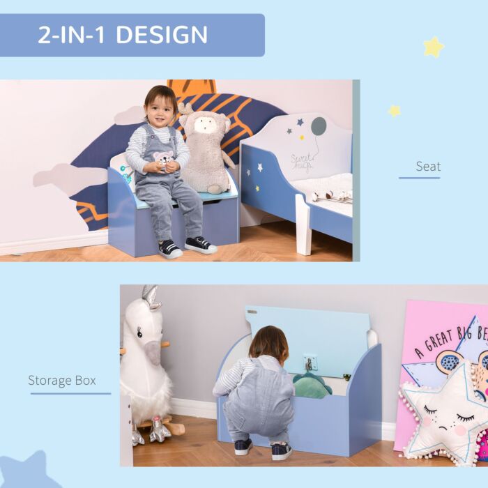 Homcom Kids Wooden Toy Storage Chest Chair 2 In 1 Design With Gas Stay Bar Safety Hinges Lid 60 X 30 X 50cm Blue