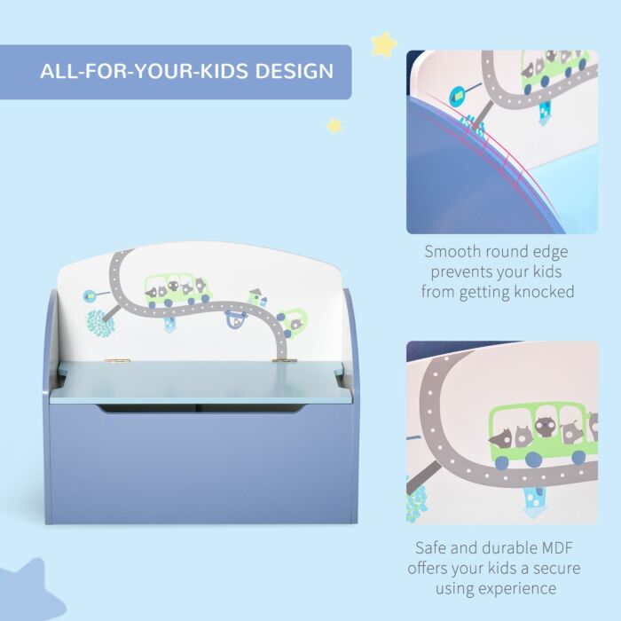 Homcom Kids Wooden Toy Storage Chest Chair 2 In 1 Design With Gas Stay Bar Safety Hinges Lid 60 X 30 X 50cm Blue