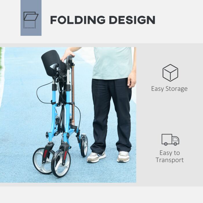 Homcom 4 Wheel Rollator With Seat & Back, Lightweight Folding Mobility Walker W/ Large Wheels, Carry Bag, Adjustable Height, Dual Brakes, Blue