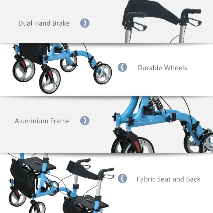 Homcom 4 Wheel Rollator With Seat & Back, Lightweight Folding Mobility Walker W/ Large Wheels, Carry Bag, Adjustable Height, Dual Brakes, Blue