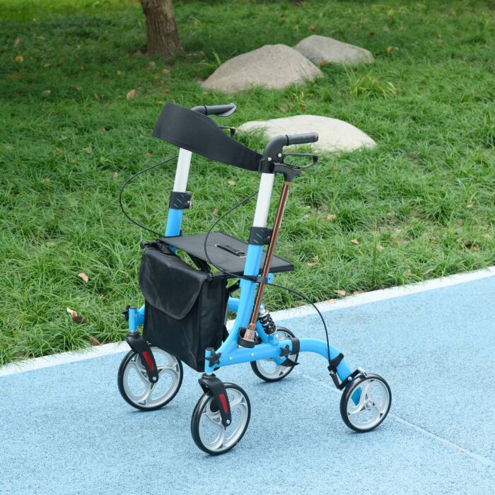 Homcom 4 Wheel Rollator With Seat & Back, Lightweight Folding Mobility Walker W/ Large Wheels, Carry Bag, Adjustable Height, Dual Brakes, Blue
