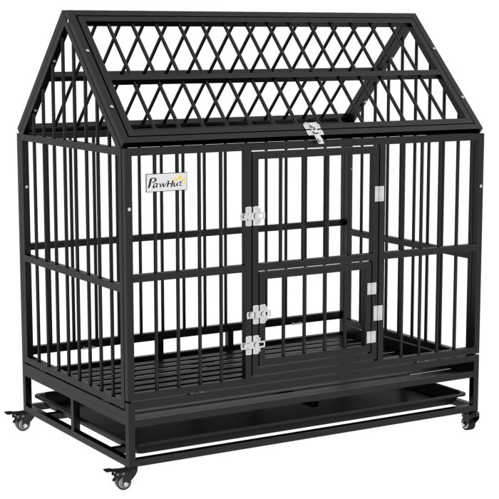 Pawhut 48" Heavy Duty Dog Crate On Wheels, With Removable Tray, Openable Top, For L, Xl Dogs - Black