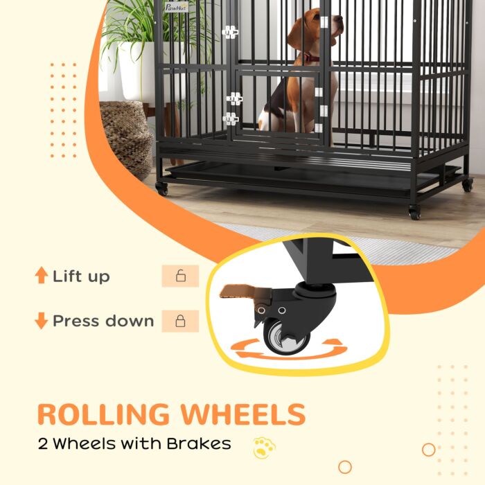 Pawhut 48" Heavy Duty Dog Crate On Wheels, With Removable Tray, Openable Top, For L, Xl Dogs - Black