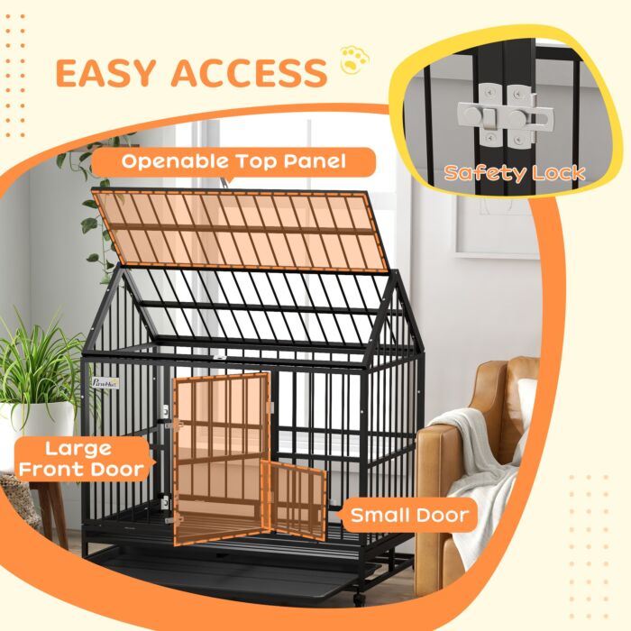 Pawhut 48" Heavy Duty Dog Crate On Wheels, With Removable Tray, Openable Top, For L, Xl Dogs - Black
