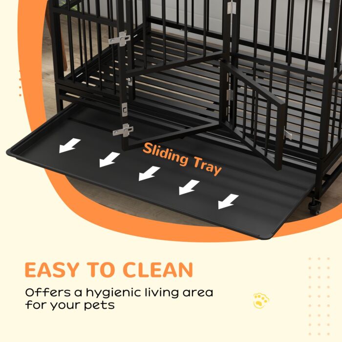 Pawhut 48" Heavy Duty Dog Crate On Wheels, With Removable Tray, Openable Top, For L, Xl Dogs - Black