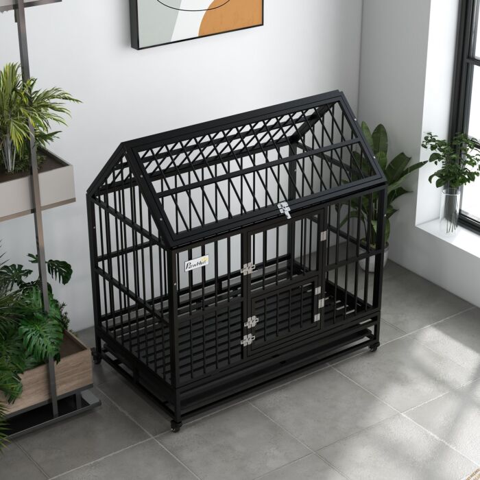 Pawhut 48" Heavy Duty Dog Crate On Wheels, With Removable Tray, Openable Top, For L, Xl Dogs - Black