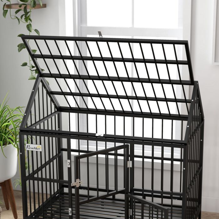 Pawhut 48" Heavy Duty Dog Crate On Wheels, With Removable Tray, Openable Top, For L, Xl Dogs - Black