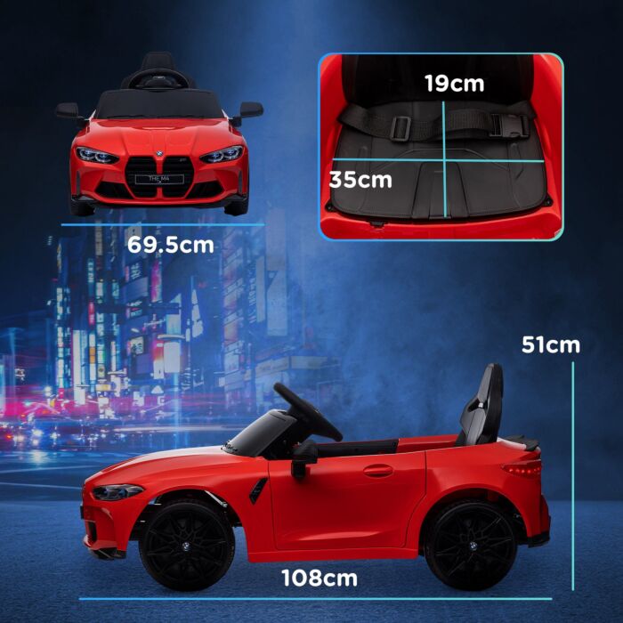 Aiyaplay 12v Bmw M4 Licensed Kids Car With Easy Transport, Remote Control, Suspension, Music, Horn, Led Lights - Red